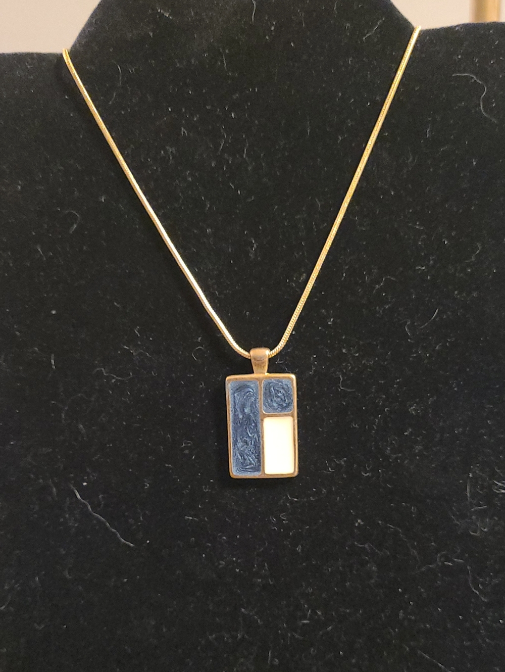 Gold Pendant Necklace with Blue and Cream Enamel Inlay